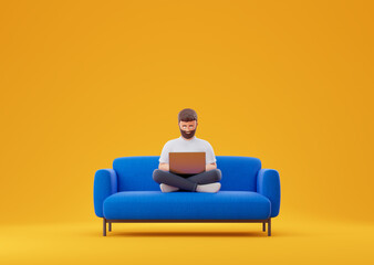 Cartoon beard character man lotus pose work with laptop on blue couch over yellow background.