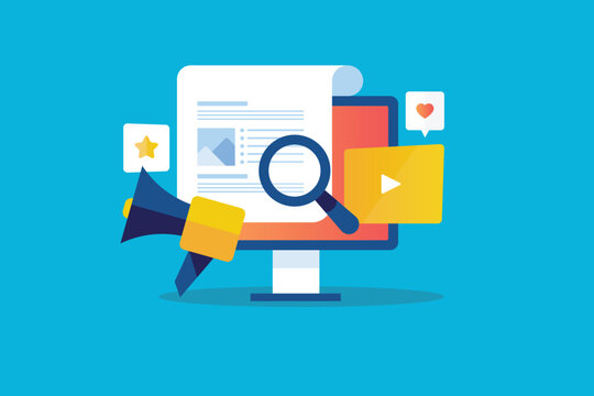 Content marketing, social media digital marketing strategy including text article and video blogging vector illustration.