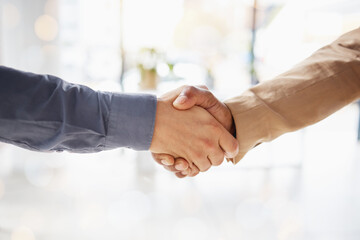Fototapeta na wymiar Business people, handshake and partnership in b2b, agreement or deal for collaboration, teamwork or unity. Hand of corporate employees shaking hands for meeting, greeting or success in solidarity
