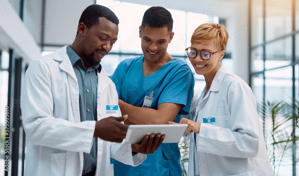 Poster Doctor, team and tablet in healthcare planning for research, idea or meeting on technology at hospital. Happy group of doctors with touchscreen for medical data, collaboration or teamwork strategy