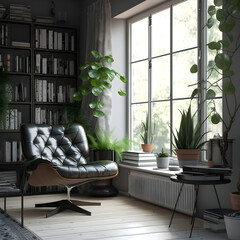 modern living room with library