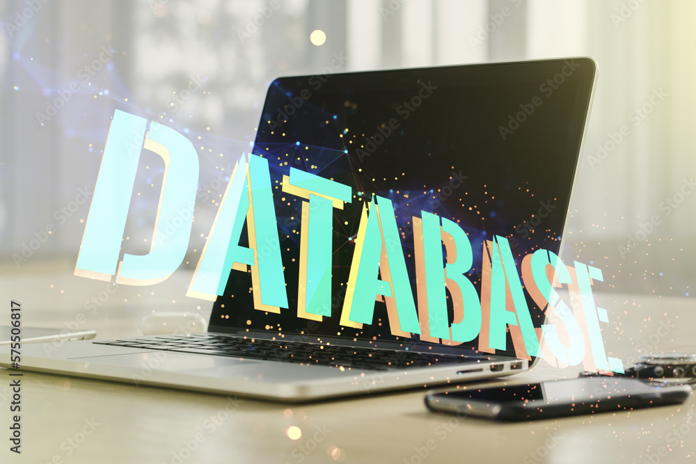 Aufkleber double exposure of database word sign on laptop background, global research and analytics concept