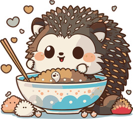 cute cartoon hedgehog eating Japanese foods