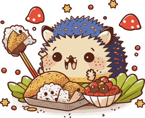 cute cartoon hedgehog eating Tempura
