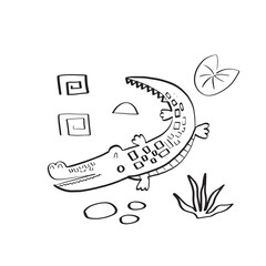 Cute crocodile surrounded by tropical plants. Doodle style vector illustration isolated on white background for your design
