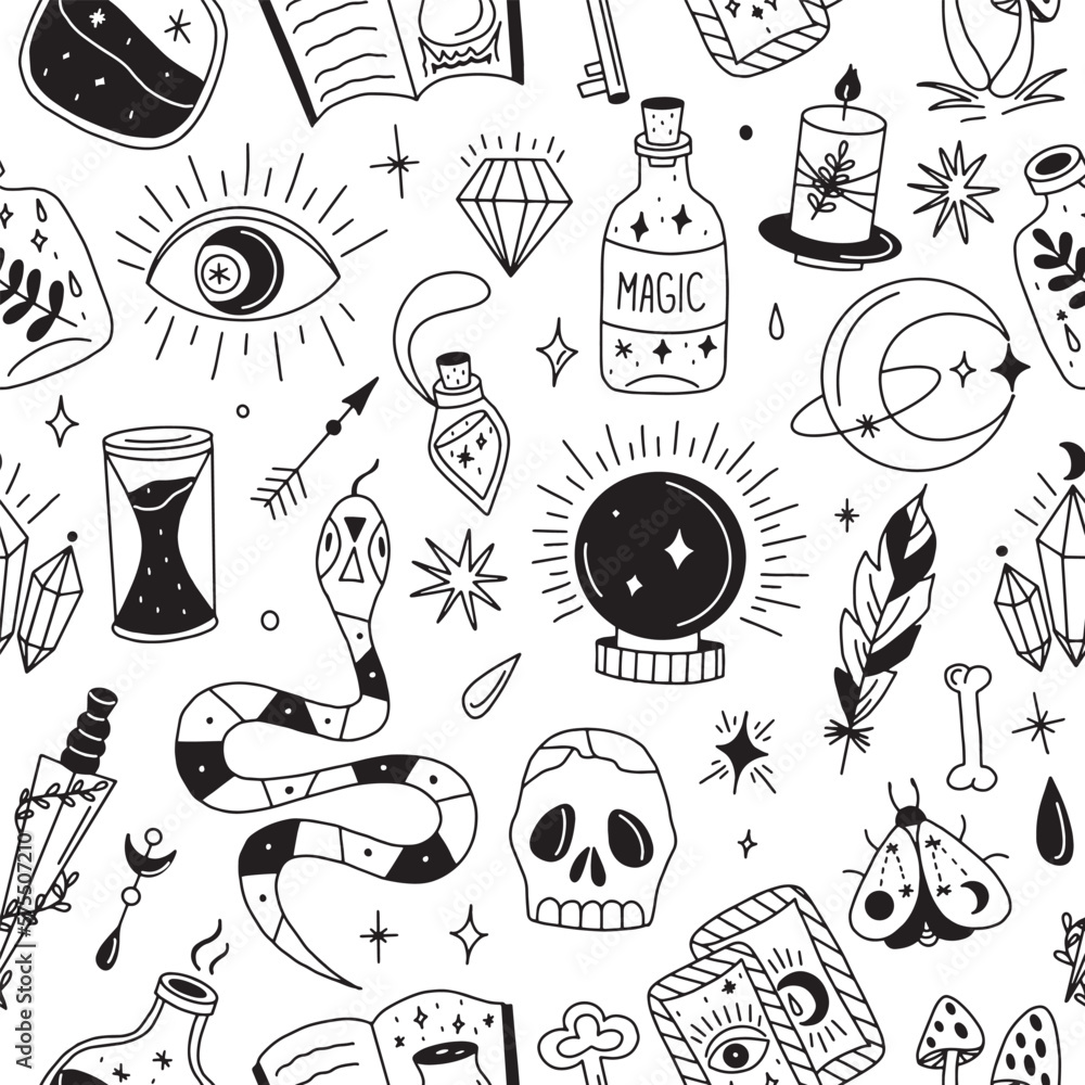 Wall mural seamless pattern with magic attributes in doodle style. vector illustration isolated on white backgr