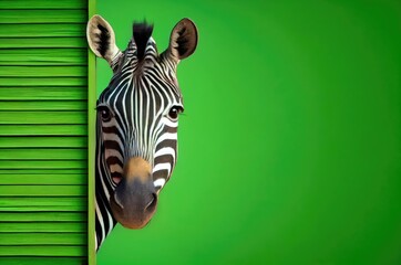 Zebra Green Background With Blank Copyspace Looking Around Generative AI - obrazy, fototapety, plakaty