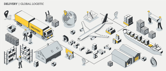 International logistic company worldwide operations with cargo distribution shipment and transportations. Isometric projection