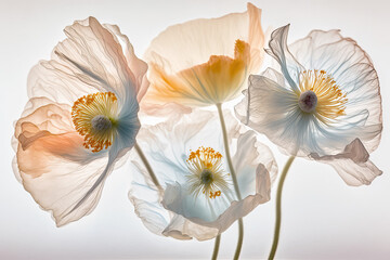Translucid poppy flower on white background with backlight, generative ai illustration with soft light pastel colors