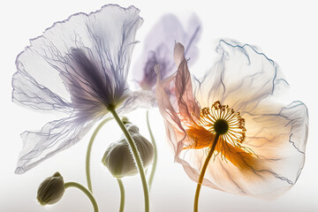 Translucid poppy flower on white background with backlight, generative ai illustration with soft light pastel colors