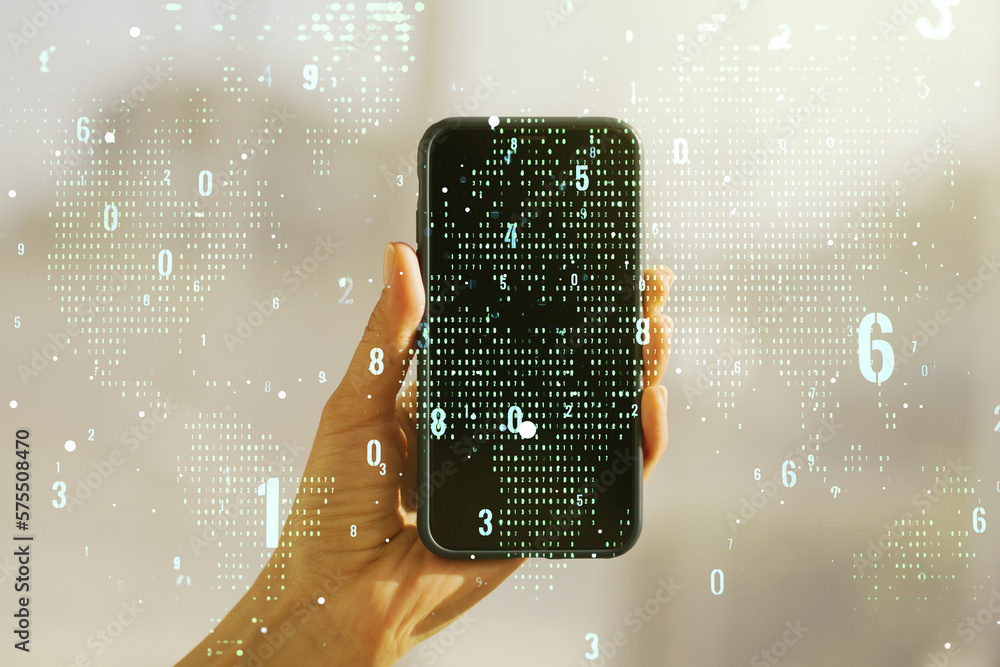 Poster Multi exposure of abstract software development hologram with world map and hand with cell phone on background, global research and analytics concept