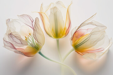Very soft illustration of translucid tulips floral concept on white background with backlight, generative ai illustration, very light soft colors