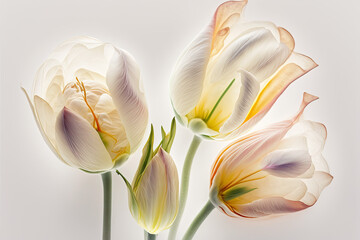 Very soft illustration of translucid tulips floral concept on white background with backlight, generative ai illustration, very light soft colors