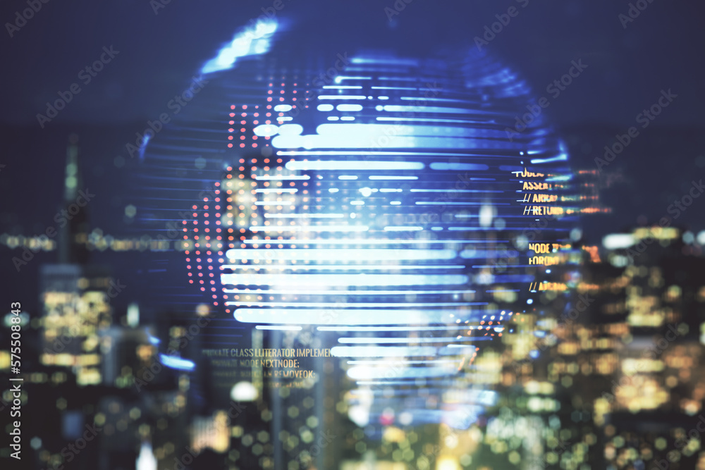 Aufkleber abstract virtual coding concept and world map hologram on blurry skyline background. multiexposure