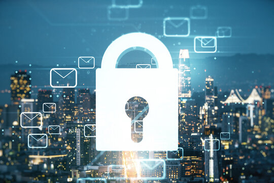 Abstract virtual lock symbol and postal envelopes illustration on San Francisco skyline background. Protection and firewall concept. Multiexposure