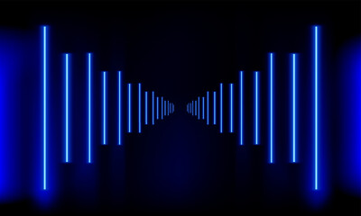 Podium, road, pedestal or platform with neon luminous rays on blue background. Stage with scenic lights. Abstract 3D neon background. Neon magic lights line. Motion shine blue. Vector illustration