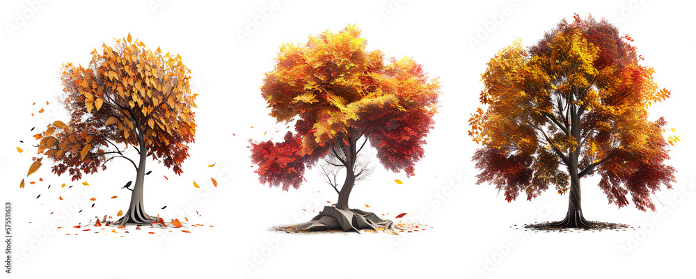 Poster set of autumn tree with red and orange foliage isolated on white background, image ai generate