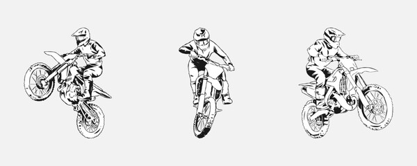 set collection of motocross rider silhouettes. black and white silhouette. concept of sport, extreme, race, motorcycle. for sticker, print, etc. hand drawn vector illustration.