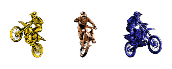 set collection of motocross rider silhouettes. monochrome color. concept of sport, extreme, race, motorcycle. for sticker, print, etc. hand drawn vector illustration.