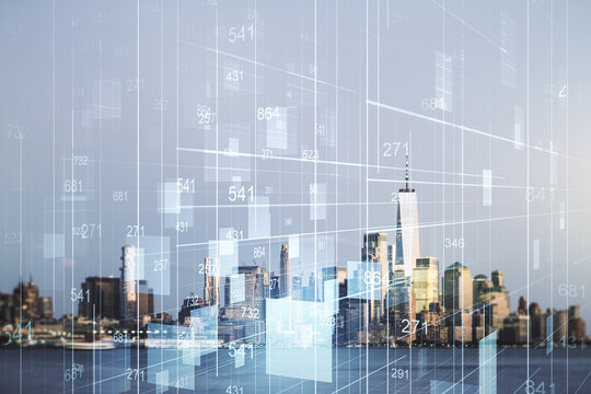 Multi exposure of abstract statistics data hologram interface on Manhattan office buildings background, computing and analytics concept - Powered by Adobe