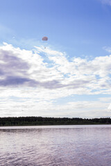 Russia - August 2022, Tver region. Military exercises of paratroopers on the water.