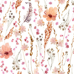 Watercolor boho wildflowers floral seamless pattern. Hand drawn elegant, delicate botanical background. Repeatable texture, wrapping paper, stationery, wallpaper, fabric, paper, textile © TanyaOak