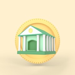 3d render money bank building icon with big golden coin behind. isolated on yellow pastel colour background. business financial money saving concept.
