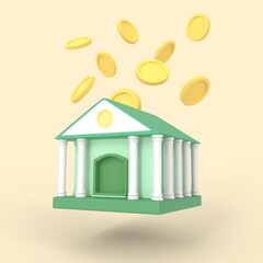 3d render money bank building icon with golden coin flying in and out. isolated on yellow pastel colour background. business financial money saving concept.