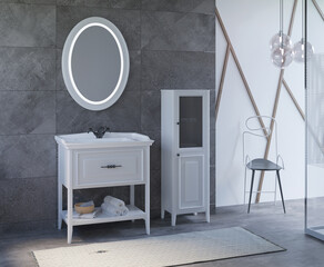 Huge Modern Master Bethroom. Bathroom interior with wooden decor in eco style. 3D Render