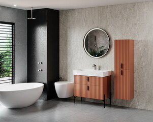 Huge Modern Master Bethroom. Bathroom interior with wooden decor in eco style. 3D Render