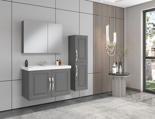 Huge Modern Master Bethroom. Bathroom interior with wooden decor in eco style. 3D Render