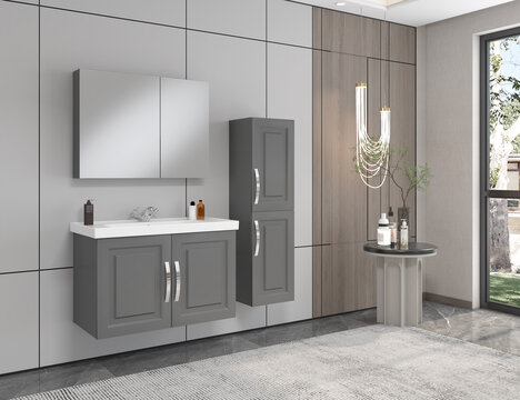 Huge Modern Master Bethroom. Bathroom interior with wooden decor in eco style. 3D Render