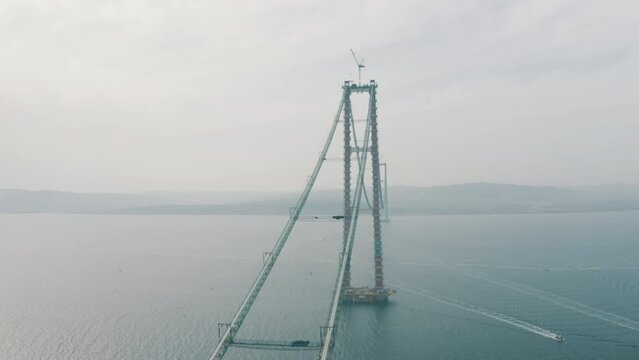 Aerial view of 1915 Canakkale Bridge construction. 4K Footage in Turkey
