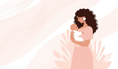 Beautiful modern woman hugging baby, concept of pregnancy and motherhood, vector illustration for doula, obstetrics, doctor. Modern landing page in flat cartoon design. © Salomi art