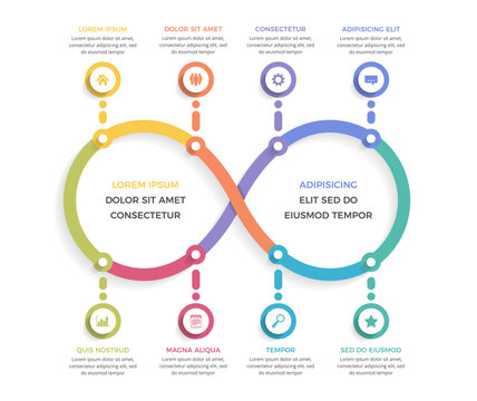Infographic template with infinity symbol and eight elements for your icons and text, devops concept