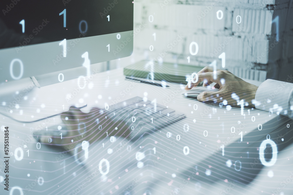 Fototapete creative concept of binary code illustration and hands typing on laptop on background. big data and 