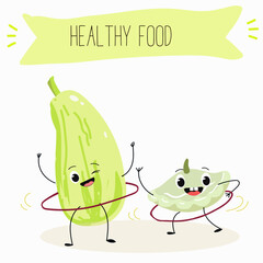 Illustration with funny characters  pattypan,courgette, crop, zucchini, patisson.  Funny and healthy food. Vitamins, cute face food, ingredients, vegetarianism, vector cartoon, antioxidant.