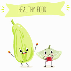 Illustration with funny characters  pattypan,courgette, crop, zucchini, patisson.  Funny and healthy food. Vitamins, cute face food, ingredients, vegetarianism, vector cartoon, antioxidant.