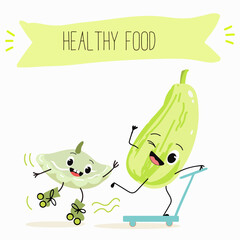 Illustration with funny characters  pattypan,courgette, crop, zucchini, patisson.  Funny and healthy food. Vitamins, cute face food, ingredients, vegetarianism, vector cartoon, antioxidant.