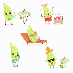 Illustration set, collection with funny  of pattypan,courgette, crop, zucchini, patisson. Characters doing sports, playing musical instruments, riding. Funny and healthy food. Cute face food.