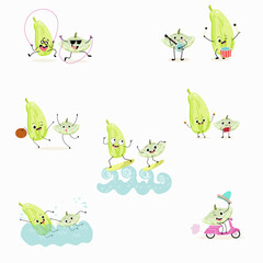 Illustration set, collection with funny  of pattypan,courgette, crop, zucchini, patisson. Characters doing sports, playing musical instruments, riding. Funny and healthy food. Cute face food.