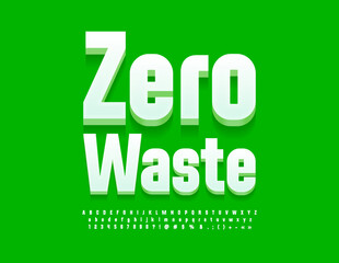 Vector bright Sign Zero Waste. White 3D Font. Modern Alphabet Letters, Numbers and Symbols set.