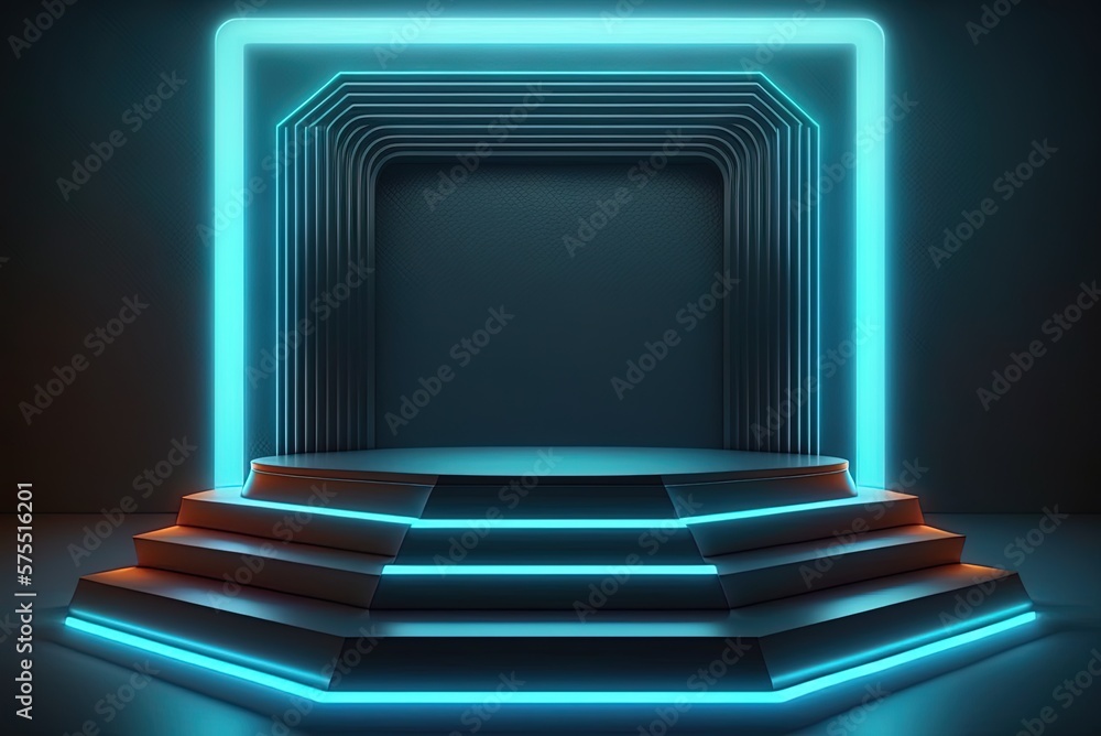 Poster subterranean neon lights illuminate a blank podium in today's empty, stage-bound performance illustr