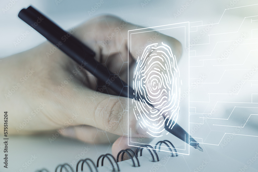 Aufkleber Multi exposure of creative fingerprint hologram with man hand writing in notebook on background, personal biometric data concept