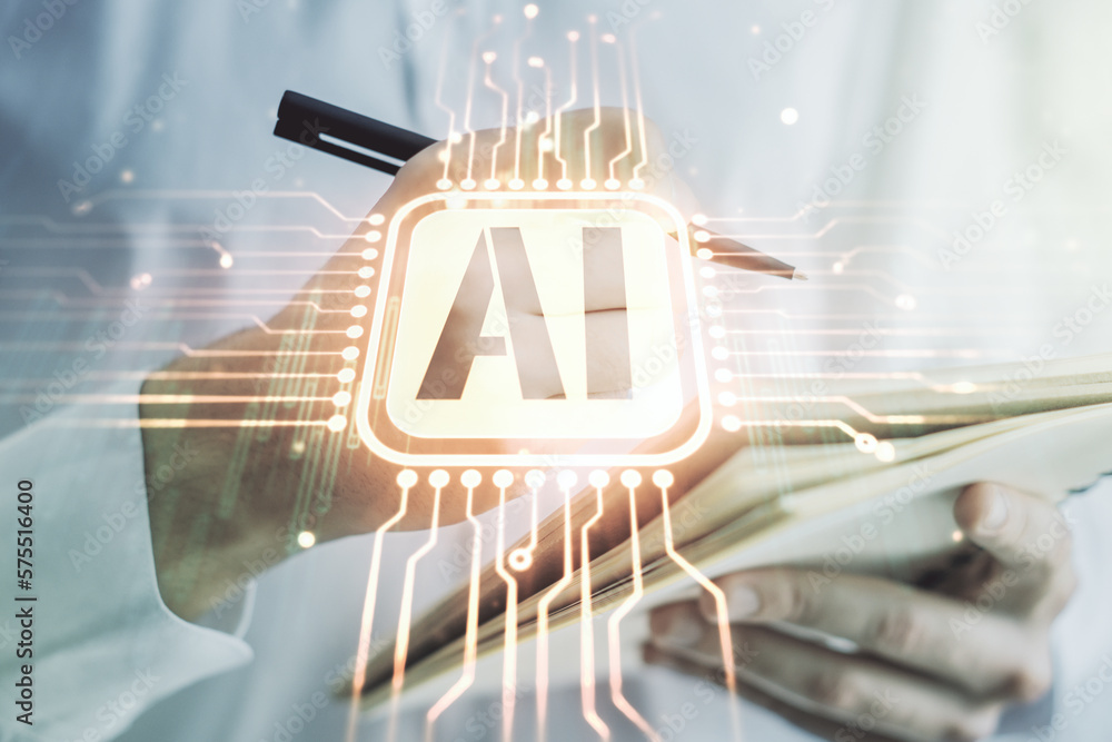 Poster creative artificial intelligence symbol concept with man hand writing in notebook on background. mul
