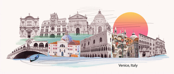 Contemporary artwork. Creative design in retro style. Black and white image if beautiful buildings in Venice. Vintage town. Concept of creativity, surrealism, imagination, futuristic landscape