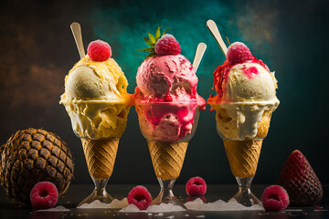 ice cream with pineapple and raspberries illustration Generative AI - obrazy, fototapety, plakaty