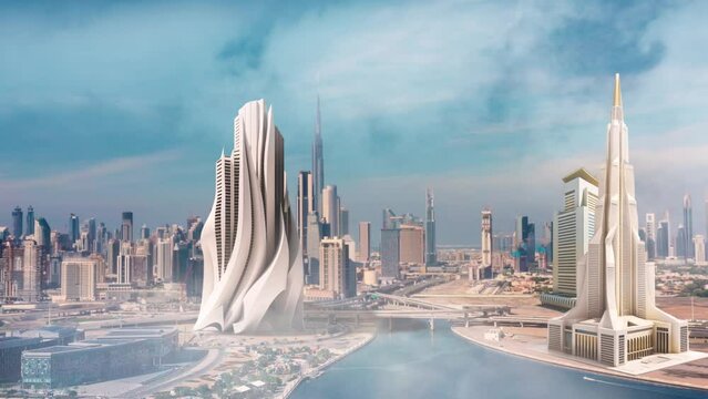 AERIAL. Dubai city in future. Real Estate Project Construction Site Industrial Building Development by Using 3D VFX Graphics. Futuristic Concept of Buildings Development