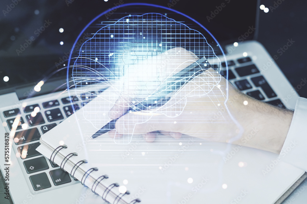 Poster double exposure of creative artificial intelligence symbol with hand writing in notebook on backgrou