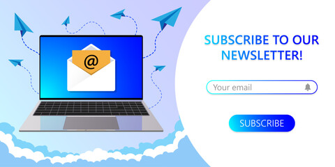 Subscription to newsletter, news, offers, promotions. A letter in an envelope. Buttons template. Subscribe, submit. Send by mail. Follow me. Blue